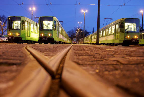 Hanover, Germany: Trams stand in a depot
