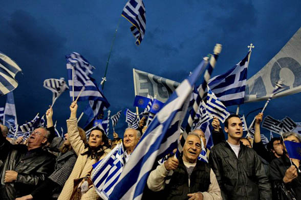 Supporters of right wing party LAOS participate in a protest against any Greek compromise on the name dispute with the Former Yugoslav Republic of Macedonia