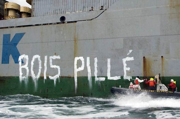 Activists on an inflatable boat paint a slogan reading 'looted wood' on the Chinese ship Huatu