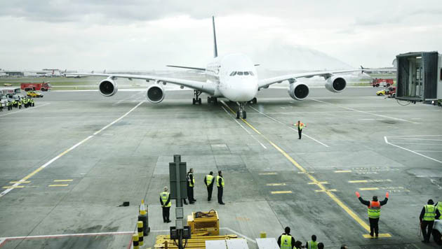 A Singapore Airlines Airbus A380 arrives at Heathrow airport