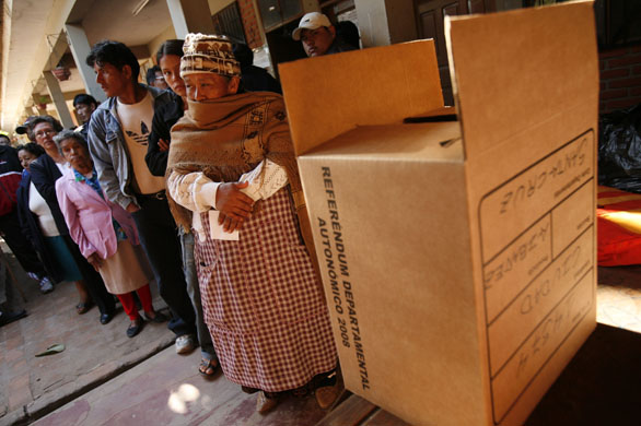 Santa Cruz, Bolivia: Voters wait to cast their ballots during a delay in a referendum on autonomy for the state of Santa Cruz