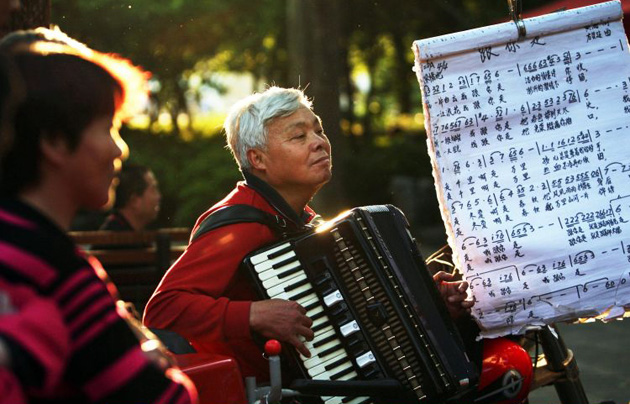 A senior citizen plays the accordion in a park