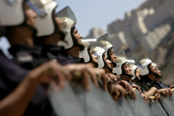 Ramallah, West Bank: Police loyal to president Mahmoud Abbas line up as they show their skills during a training exercise