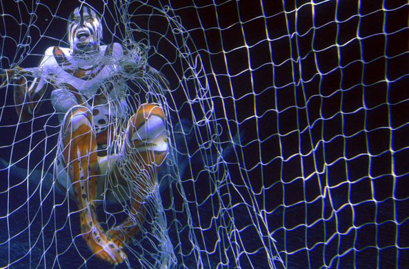 Berlin, Germany: A body-painted diver during a demonstration