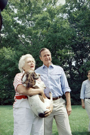 1988: Vice President George  Bush and his wife Barbara holding the family dog