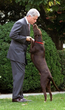 1998: President Bill Clinton gives his dog Buddy a kiss in the Rose Garden of the White House