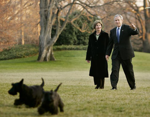 2006: President Bush and first lady Laura Bush with their pet dogs Barney and Miss Beazley