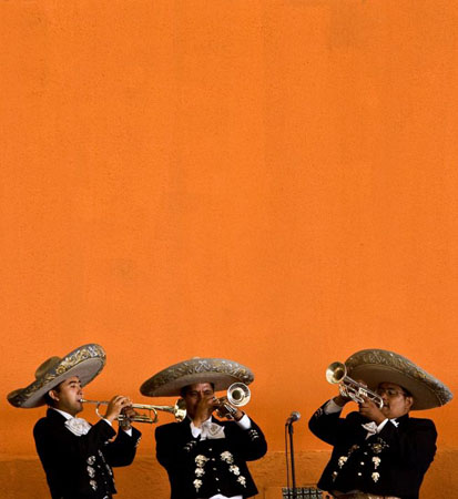 Mexico City, Mexico: Three Mariachis play during a Charreada in honour of Spanish Crown Prince Felipe de Borbon and Princess Letizia