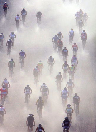 Frejus, France: Riders compete during the 'VTT, le Roc Azur' cycling race