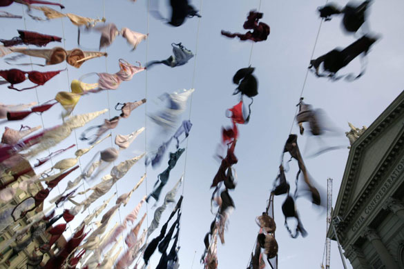 Bern, Switzerland: 1,500 bras, representing the annual number of breast cancer victims in Switzerland, are seen hanging at the Bundesplatz square
