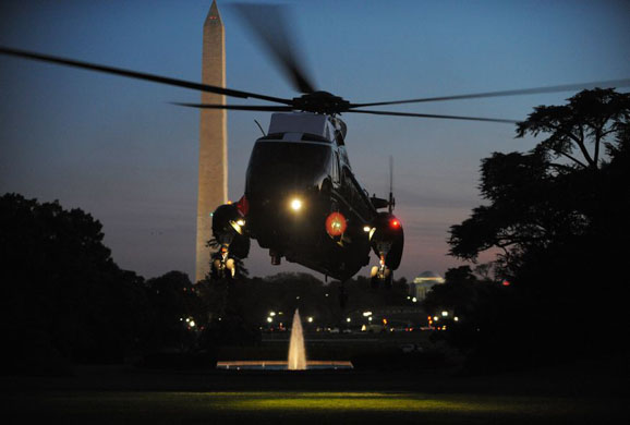 Washington, US: Marine One, carrying George Bush, lands on the South Lawn upon return to the White House