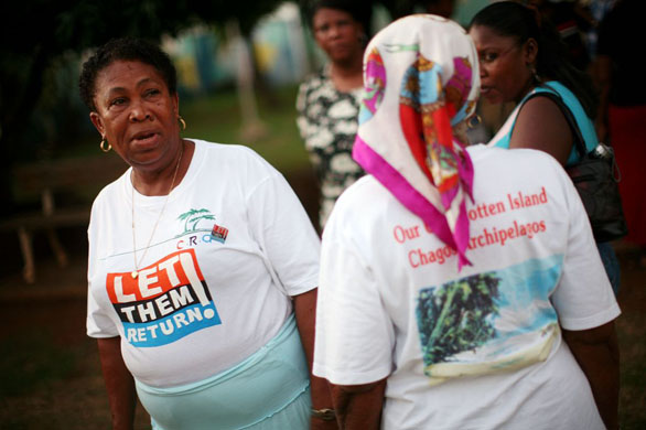 A group of Chagossian people in Mauritius who want to return to Diego Garcia Island in the Indian Ocean. The residents of the Chagos islands were removed in 1971 to make way for a military base