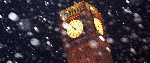 London, UK: Snow falls in front of Big Ben