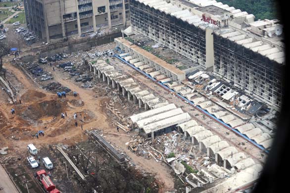 An aerial view from an army helicopter shows the Marriott hotel two days after the bombing