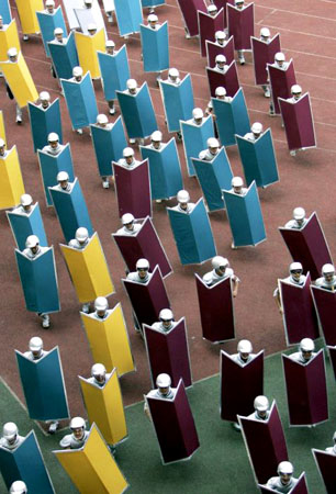 Seoul, South Korea: Soldiers holding shields perform during a rehearsal for the upcoming 60th anniversary of the Armed Forces Day