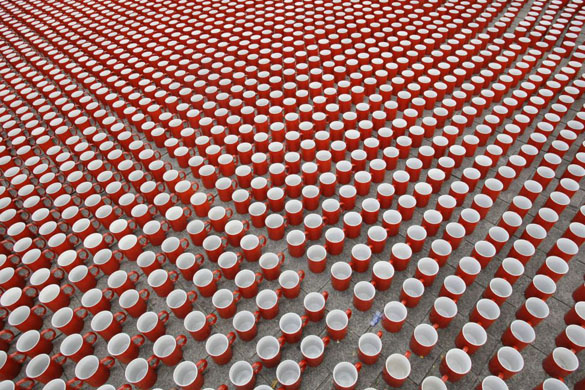 Berlin, Germany: 77,000 cups are placed in front of the Brandenburg Gate