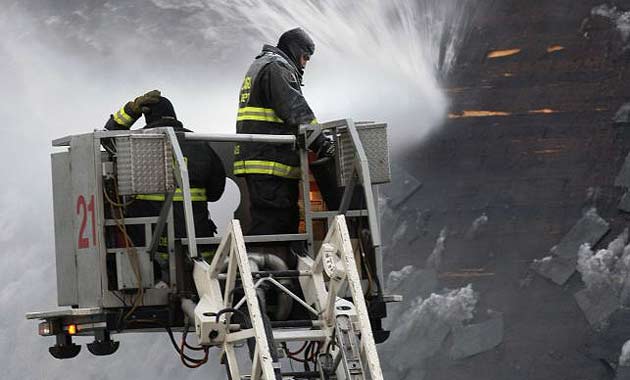 Firefighters battle the blaze at Holy Name cathedral in Chicago