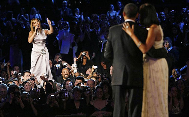 Beyonce sings to President Barack Obama and first lady Michelle during their first dance of the evening at the Neighborhood Inaugural Ball in Washington