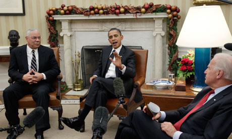 Barack Obama, Colin Powell, Joe Biden in the Oval Office