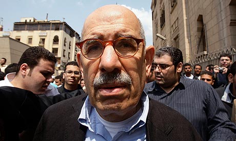 Mohamed ElBaradei with fellow worshippers outside the El-Hussein mosque in Cairo.