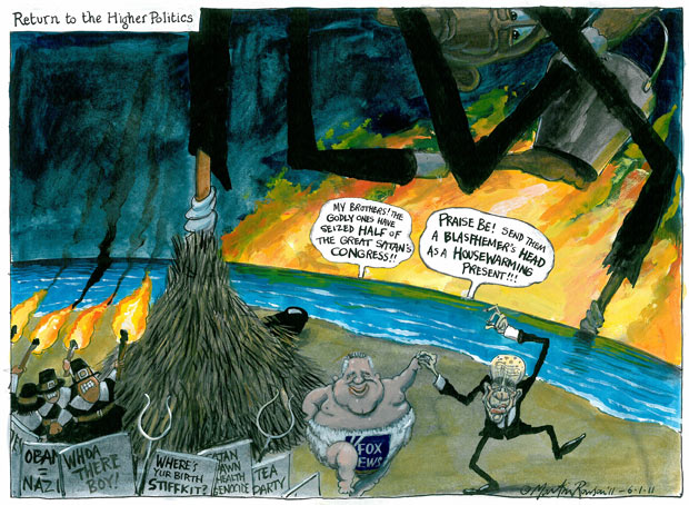 Martin Rowson on Fox News - Glenn Beck and Rupert Murdoch dance a jig of delight