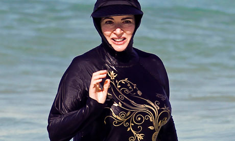 Nigella Lawson in her burkini on Bondi Beach in Sydney Australia