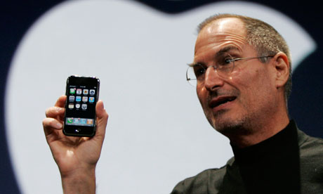 Apple CEO Steve Jobs demonstrates the new iPhone in San Francisco, 2007.