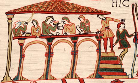 Harold II depicted feasting with companions on the Bayeux Tapestry.