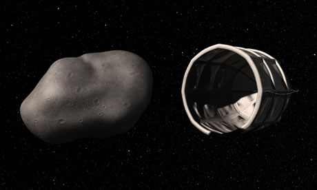 conceptual rendering of a spacecraft preparing to capture a water-rich, near-Earth asteroid