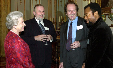 The Queen with (from left) Sheridan Morley, William Boyd and Ben Okri