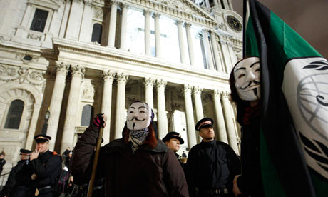 Occupy London protesters and riot police outside St Paul's Cathedral, February 2012.