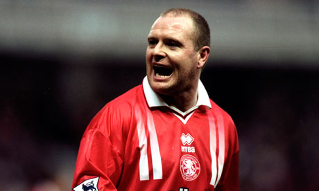 Paul Gascoigne playing for Middlesbrough in the Premier League, January 1999.