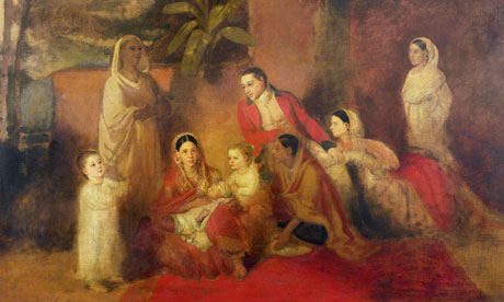 An army officer of the East India Company pictured with his Indian wife and their children, 1785.