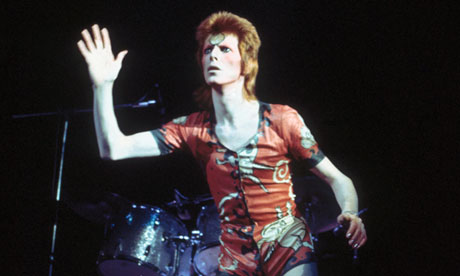 David Bowie performing as Ziggy Stardust at the Hammersmith Odeon, 1973.