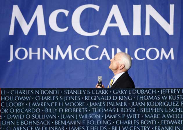 Composite image of John McCain in front of a campaign banner and a detail from the Vietnam Veterans Memorial wall in Washington DC