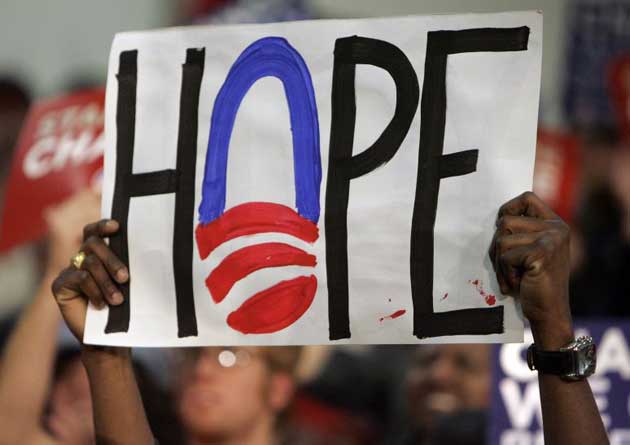  Supporters holds up a sign reading hope as Democratic presidential hopeful Senator Barack Obama D-Ill., speaks at a rally, Monday, Jan. 7, 2008, in Concord, N.H.