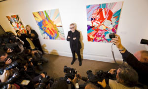 Damien Hirst at Sotheby's auction rooms this morning to promote Beautiful Inside My Head Forever, an auction of his work