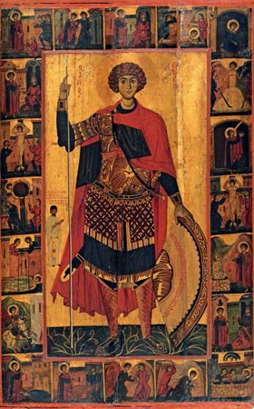 Royal Academy Byzantium exhibition:  Icon of St George and scenes of his life and miracles , Sinai (?) beginning of the thirteenth century. Egg tempura on wood 127 x 80.6 cm The Holy Monastery of Saint Catherine, Sinai 