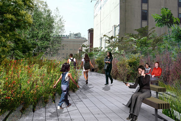 The design for the rebuilt High Line overhead park in New York. This picture shows the point where the High Line begins to narrow in Chelsea, and plantings grow denser, with shrubs and trees adding a variety of textures. Design by Field Operations and Diller Scofidio + Renfro. Courtesy of the City of New York. 