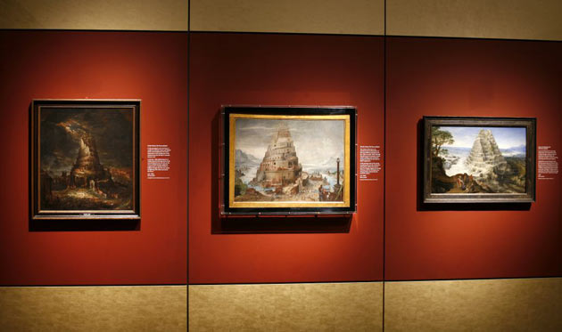  Various paintings of the Tower of Babel at Babylon: Myth and Reality exhibition at The British Museum, London
