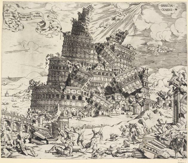 Fall of the Tower of Babel; 1547. Etching. Artist: Cornelis Anthonisz