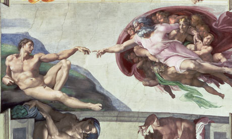 The Creation of Adam (1510) on the ceiling of the Sisten chapel by Michelangelo