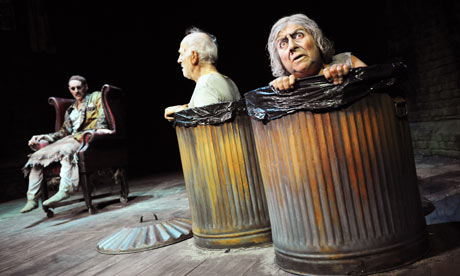 Mark Rylance (Hamm), Tom Hickey (Nagg) and Miriam Margolyes (Nell) in Endgame at the Duchess Theatre