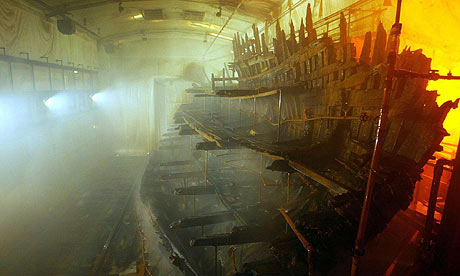 The Tudor warship Mary Rose as it sits in an atmospherically controlled dry