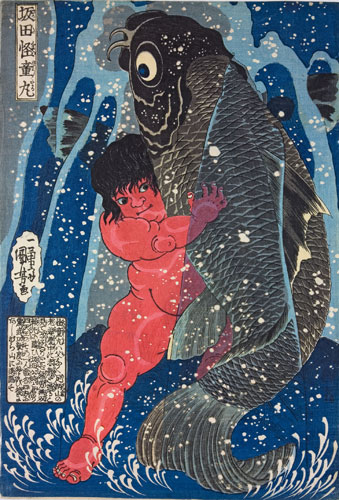 Kuniyoshi: Sakata Kaidomaru wrestles with a giant carp, by Utagawa Kuniyoshi