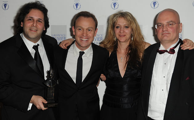 Terry Johnson, David Babini and Sonia Friedman pose wit the best musical revival Olivier award