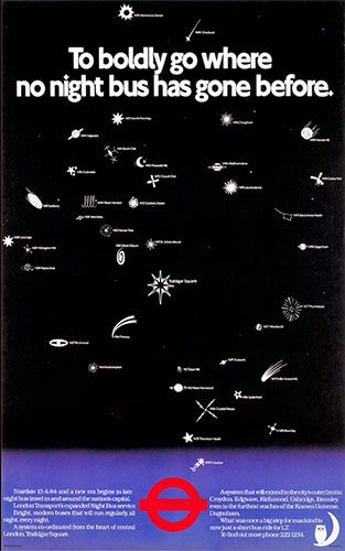London nights: To boldly go where no night bus has gone before,artist unknown, 1984
