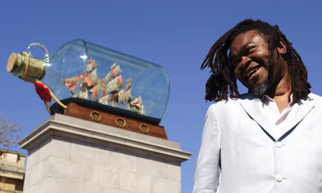 Artist Yinka Shonibare with his work for the fourth plinth, Nelson's Ship In a Bottle