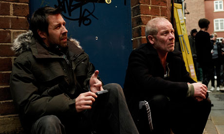 Paddy Considine and Peter Mullan on the set of Tyrannosaur (2011)