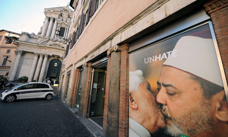 One of the Benetton adverts featuring the pope near the Trevi fountain in 